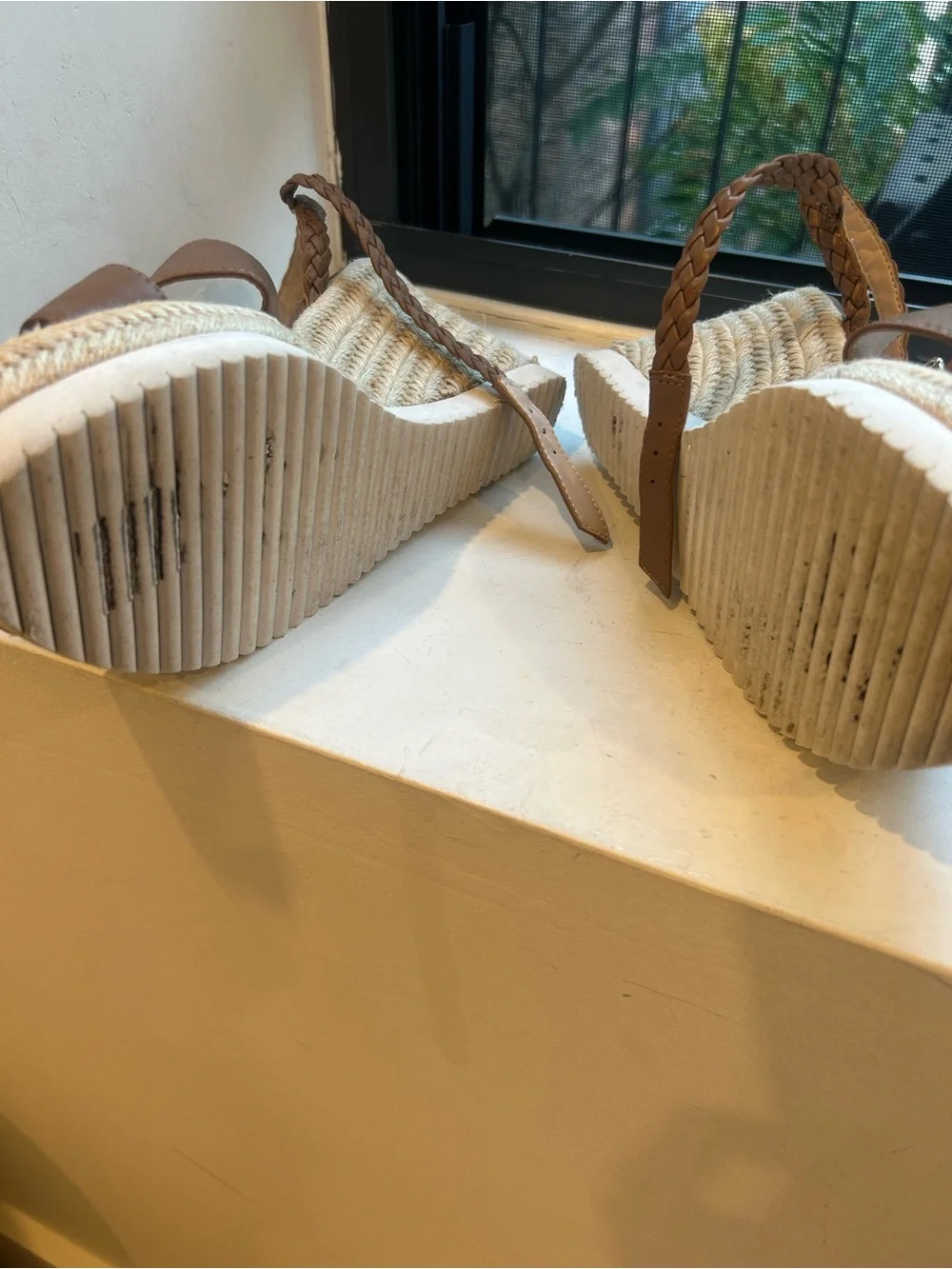 Stuart Weitzman Tan Braided Espadrille Wedge Sandals